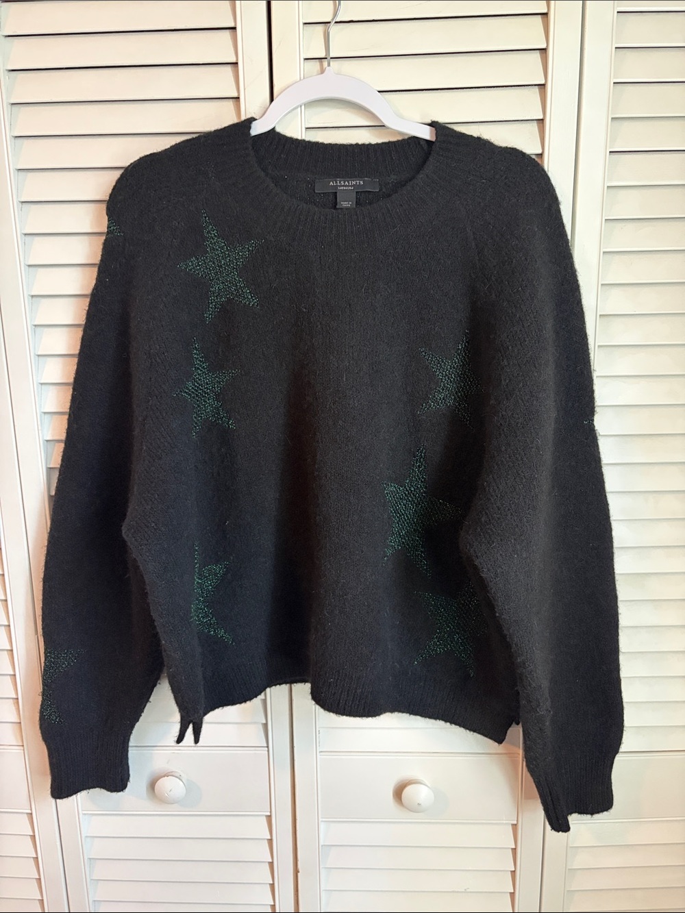 All Saints Medium Wool Blend Star Jumper Black Crewneck Sweater Green